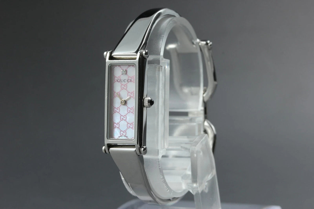 GUCCI 1500L Womens Quartz Watch Silver 1P Diamond Shell Pink Dial [Near MINT]