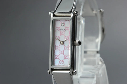 GUCCI 1500L Womens Quartz Watch Silver 1P Diamond Shell Pink Dial [Near MINT]